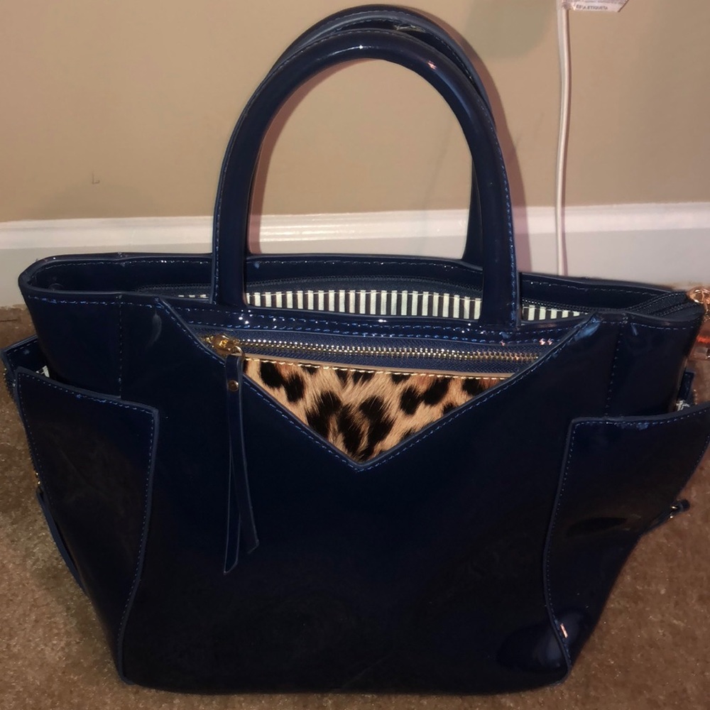 Blue patent & leopard print handbag